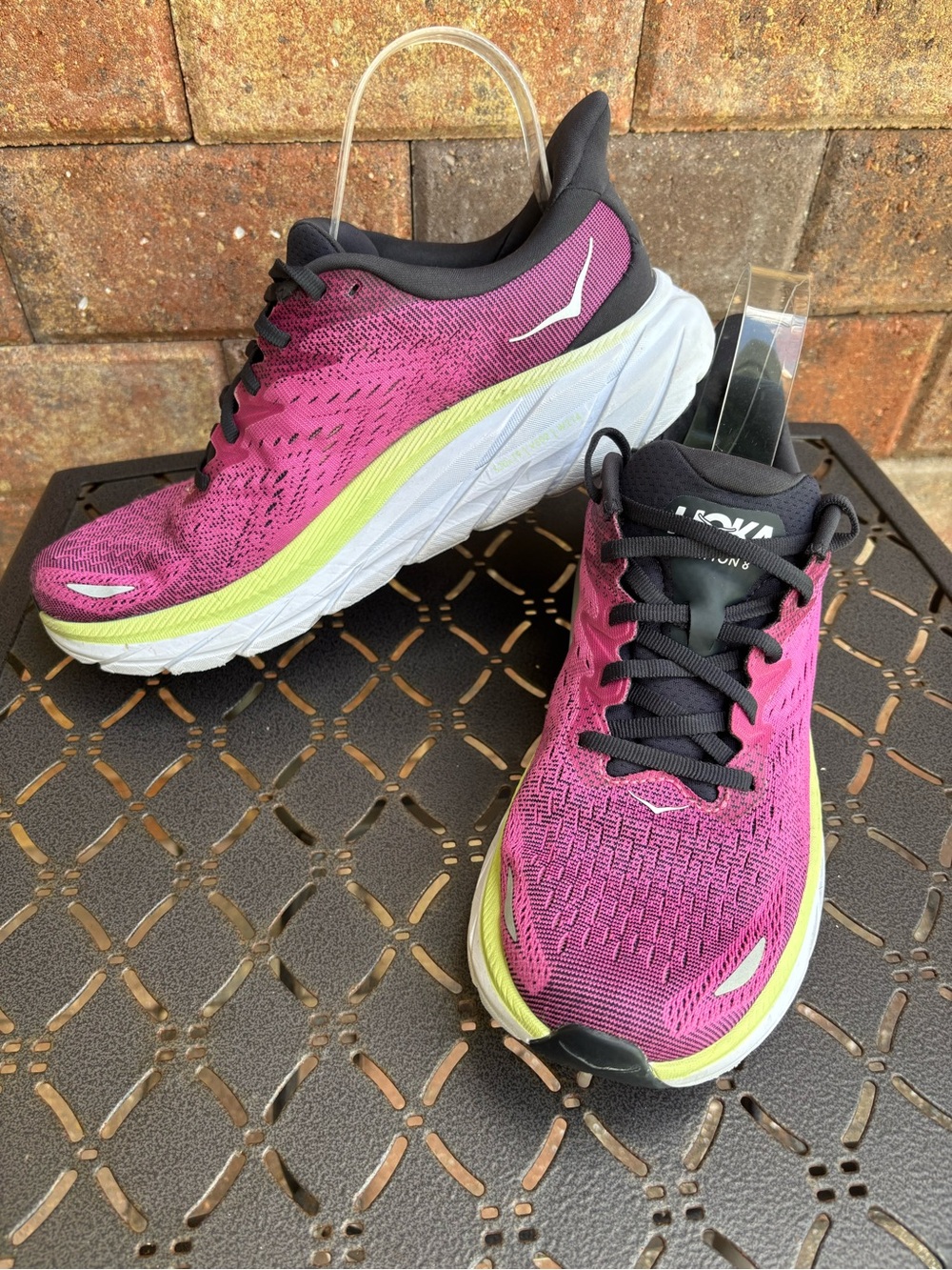 Hoka Clifton 8 Women's Pink and Black Running Shoes with Lime Accent - Picture 2 of 10